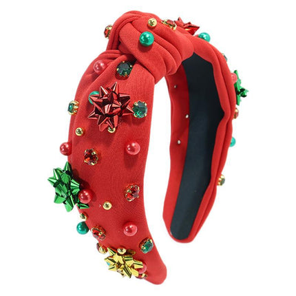 Cross-border 2024 Christmas New Style Beaded Nail Drill Knot Head Hoop Rhinestone Fabric Hair Hoop Wide Edge Hair Accessories