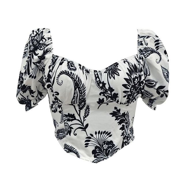 Cross-border Hot New French Vintage Printed Square Collar Bubble Sleeve Sexy Design Short Vest Top