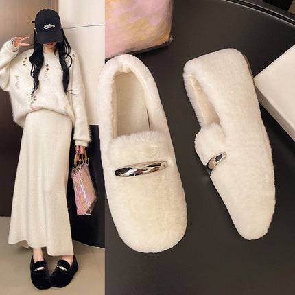 Furry Shoes for Women's Autumn and Winter Outer Wear 2025 New Velvet Warm Shoes Popular Bean Shoes Soft Sole Winter Flats Cotton Shoes