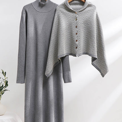 Cross-Border Women's Fashion Elegant Long-Sleeved Dress Autumn and Winter Set Women's Knitted Long Skirt Slimming Shawl Two-Piece Set