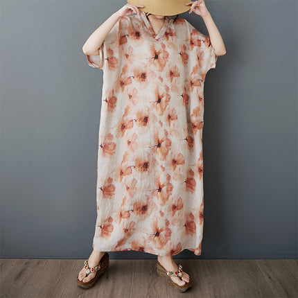 25 Summer New Artistic Fashion Comfortable Printed V-neck plus size Women's Long Temperament Short-sleeved Foreign Trade dress