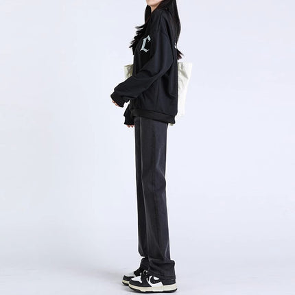 Black Grey Smoke Tube Jeans Women's Trendy All-match Korean Style High Waist Slimming Stretch Slim-fit Niche Narrow Straight Leg Pants