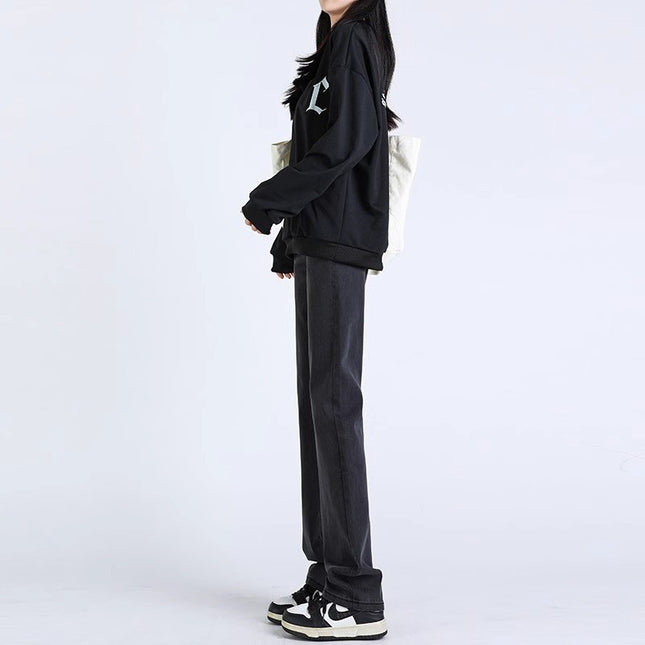 Black Grey Smoke Tube Jeans Women's Trendy All-match Korean Style High Waist Slimming Stretch Slim-fit Niche Narrow Straight Leg Pants