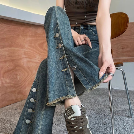 Cement gray frayed micro-blazer jeans women's fashion all-match new split-breasted design horn horseshoe pants
