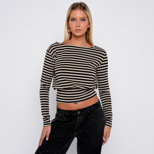 Q25Tp293 European and American Export Women's Autumn and Winter New Casual Fashion Stripesd Stylish Simple Long-Sleeved Waist Top