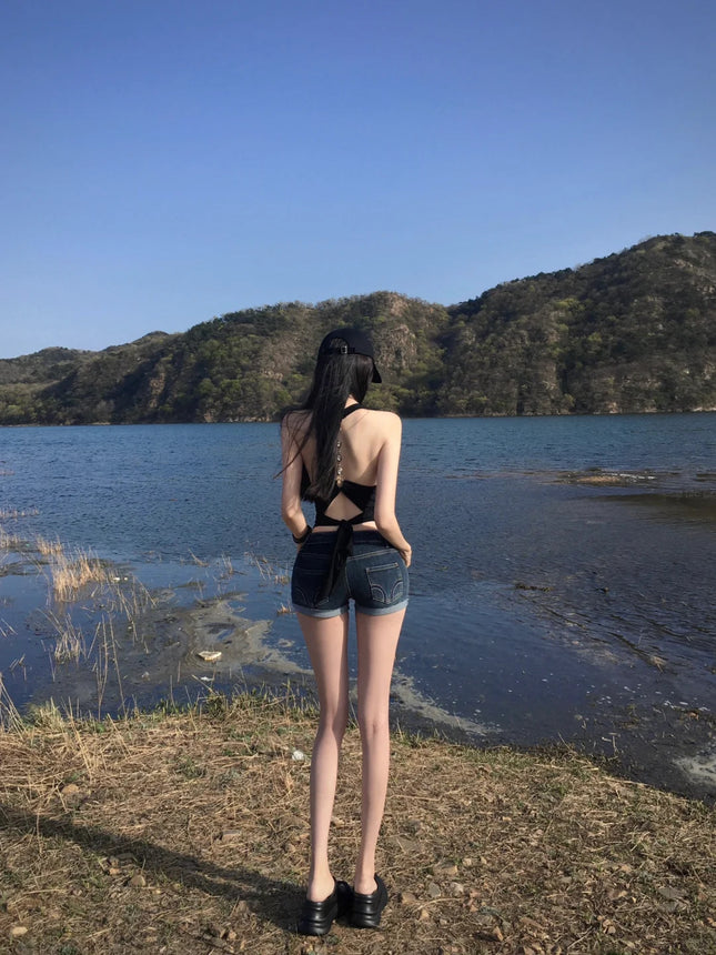 Sweet Hot Girl Denim Shorts Women's Summer Low Waist Slim Curly Pants Small American Style Stretch Hip Hot Pants