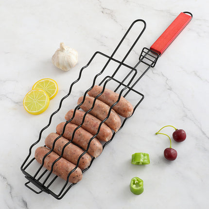 Removable sausage barbecue net wooden handle hot dog barbecue BBQ non-stick barbecue clip outdoor fire sausage barbecue net