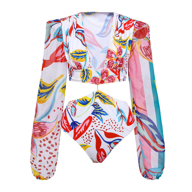 2024 European and American Swimwear New V-neck Long Sleeve Hollow Printed Swimsuit Women's Cross-border Hot 2375