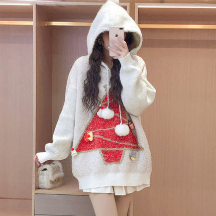 Autumn and Winter New Christmas Tree Sweater Fawn Fur Ball Bright Silk Hooded Design Loose Sweet Age-reducing Knit Sweater for Women