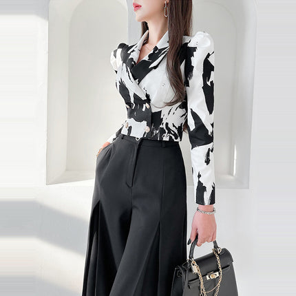 Foreign Trade Women's New Two-piece Set 2024 Spring Korean Style Slim-fit Printed Suit Jacket Tight Waist Fashionable Wide-leg Pants