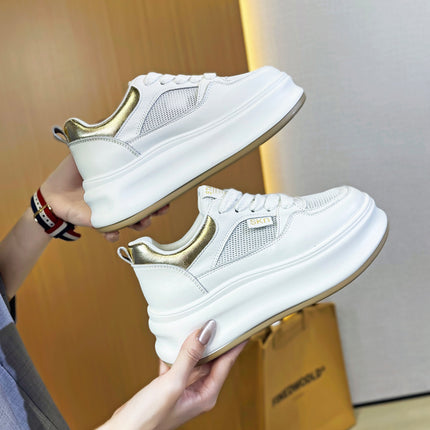 Women's White Sneakers with Hidden Height Increase, 2026 Summer Thin Mesh Breathable Sports Casual Sneakers, Popular Genuine Leather Platform Shoes