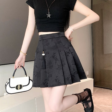New Chinese A- line Skirt Skirt Women's Early Autumn Black Skirt New Hip Skirt High Waist Slimming Pleated Skirt Free Shipping