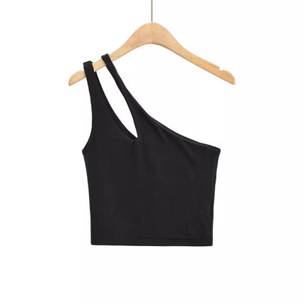 2024 New Summer Style European and American Short Sexy One-Shoulder Double Shoulder Cut Out Slim Vest Top