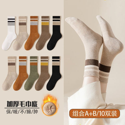 Socks Women's Autumn and Winter Mid-length Socks fleece-lined Thickened Warm terry Towel Bottom Cotton Socks High-tube Fashionable Women's Stockings