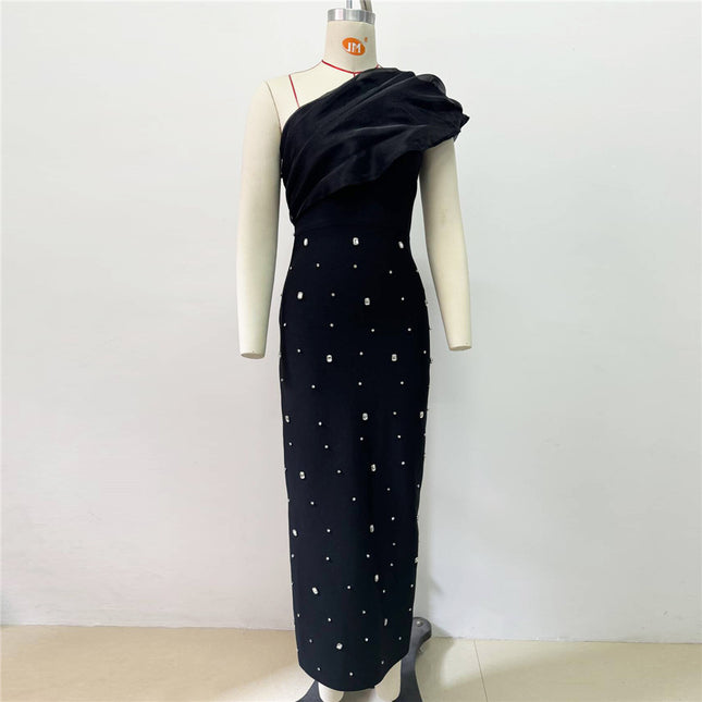 Spring 2025 New Bandage dress Elegant Elegant Fashion Design Oblique Shoulder with Diamond Hip Dress