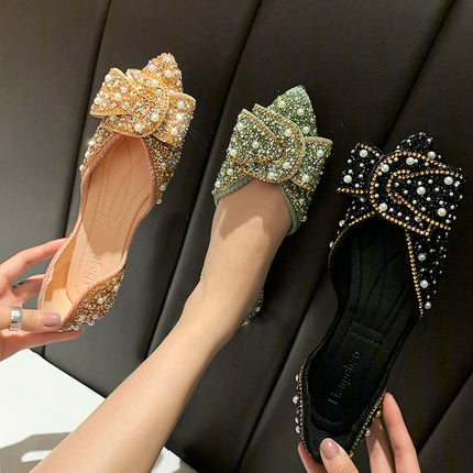Flat Shoes for Women 2025 Spring and Summer New Retro Shallow Mouth Pointed Toe Soft Bottom Bean Shoes Bow Rhinestone Scoop Shoes