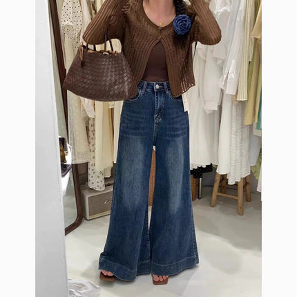Stretch Large Wide Leg Retro Jeans Women's Autumn 2024 New High Waist Loose Slimming All-match Elegant Mop Pants