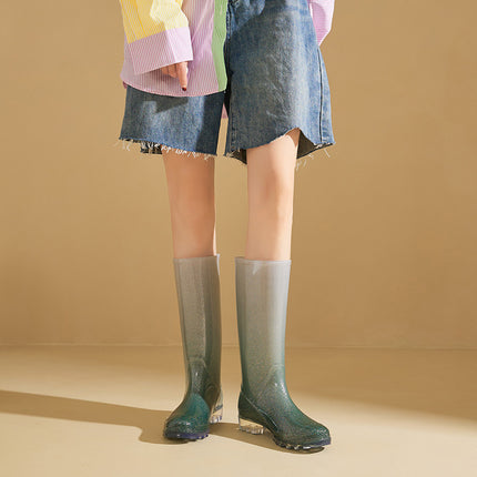 Cross-border new version of rain boots fashion gradient high-level rain boots women's winter fleece-lined warm camping to the sea pastoral