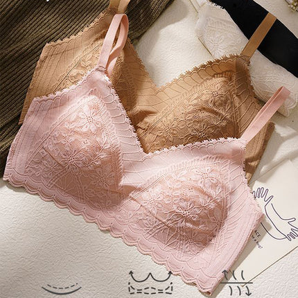 Stable big chest small ultra-thin seamless underwear beauty back breathable lace latex cup fixed Cup rabbit ears bra