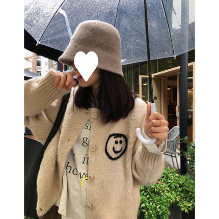 Designed Embroidered Soft and Super Loose Double-Sided Smiley Face Round Neck Sweater Cardigan Winter Korean Fashion Versatile