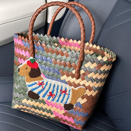 2026 New Retro Striped Dachshund Dog Woven Basket Bag Handbag for Office Workers and Students, Women's Lunch Box Bag