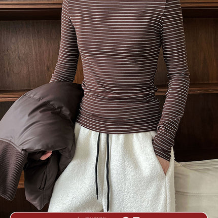 Lu Xi Half Turtleneck Stripesd Velvet Bottoming Shirt for Women 2025 Autumn and Winter New Style Inner Brushed Outer Top 2838