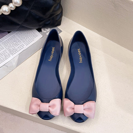 Flat shoes soft bottom women's summer rubber plastic shoes shallow mouth Black breathable non-slip bow fish mouth jelly shoes foreign trade