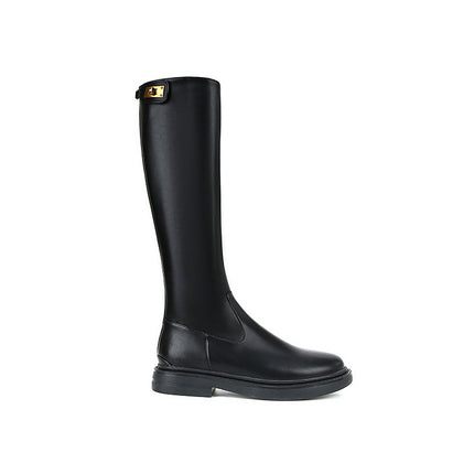 [Clearout] Be Careful~ Slim Metal Buckle Thick-Soled Small Gold Buckle Fleece-Lined High Boots for Women, Knight Boots, Winter Boots