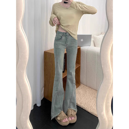 Spring and Autumn New Design Sense Micro-Lar Jeans Women's 2025 American Style High Waist Slim-Fit Slimming Fur-Edge Horseshoe Flared Pants