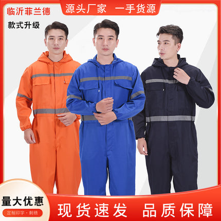 One-Piece Work Clothes for Men, Long-Sleeved, Reflective Strips, Hooded Labor Protection Clothing, Auto Repair Spray Painting, Ship Crew Uniforms, Dirt-Resistant, Wear-Resistant, Breathable
