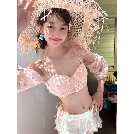 Thai-Style Fresh Underwire Bikini with Push-Up and Beautiful Back, High-End Pink Two-Piece Swimsuit for Women with Chest Pads, Three-Piece Set, Pure Desire