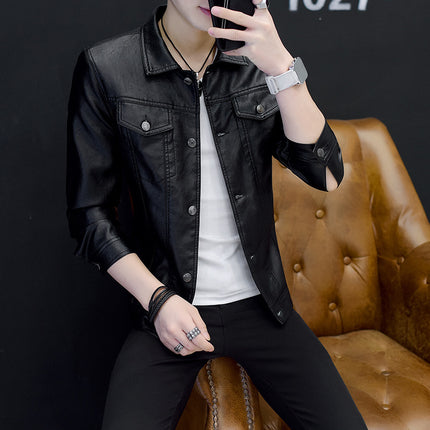 Men's lapel leather coat Korean-style trendy slim-fit motorcycle green thin leather jacket trendy autumn and winter workwear coat for men