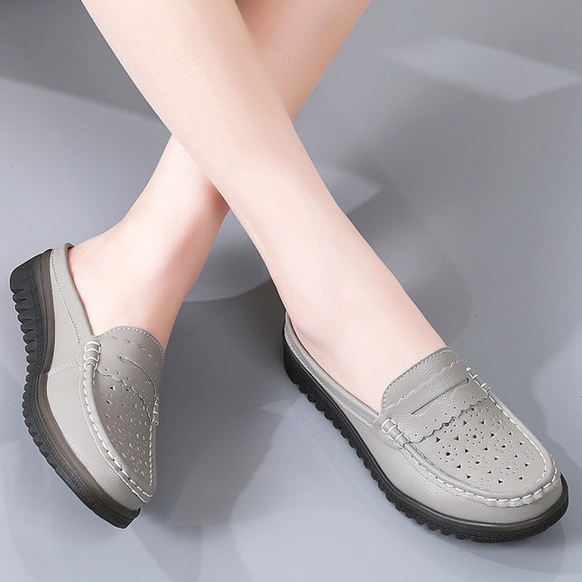Muller Shoes 2024 Non-Slip Half-Slip Mom Shoes with Soft Soles, Perforated Women's Loafers, Low Heel, Hollow Design, Flat Comfortable Shoes