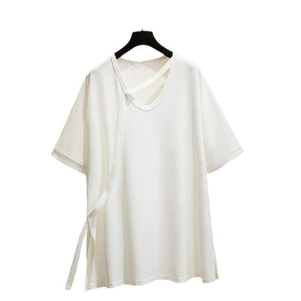 Niche Design Sense Mid-length Short-sleeved T-shirt 2024 Summer chubby girl plus size Women's Loose Slimming All-match Solid Color Top