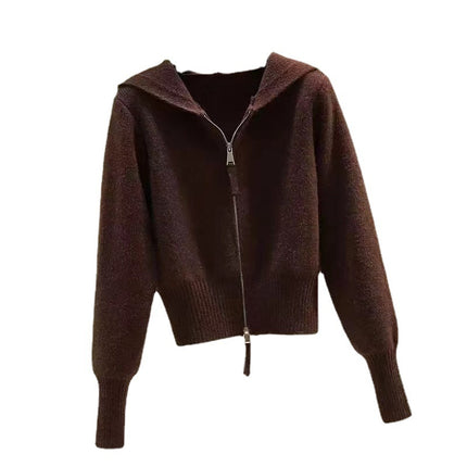 2025 Sweater Women's Age-reducing Design Sense Double-head Zipper Hooded Short Knitted Cardigan Fashionable Internet Popular Top
