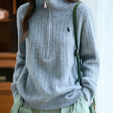 Autumn and Winter New Women's 100% Pure Wool Sweater Thickened Half-Zip Collar Cable Embroidered Horse Knit Sweater Base Layer