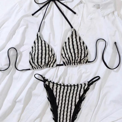 2025 European and American New Split Sexy Striped Towel Cloth Bikini Bikini Swimsuit for Women's Foreign Trade