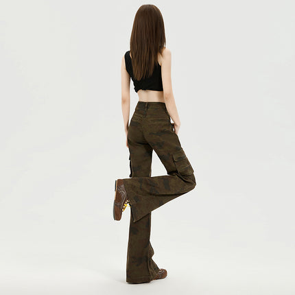 American Retro Camouflage High-Waisted Flared Cargo Pants for Women, Spring and Autumn New Slim-Fit Drapey Casual Bell-Bottom Pants for Women