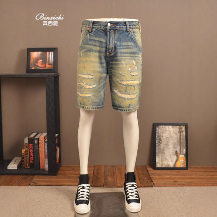 Summer Retro Ripped Denim Shorts Men's Trendy Brand Loose Straight Patch Heavy Washed 1 Casual Pants Men