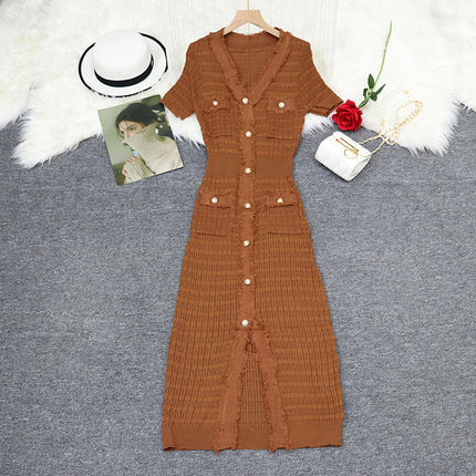 S Brand European and American Cross-Border Spring/Summer New V-Neck Short-Sleeve Dress 2026 French Socialite Women's Clothing Waist-Cinching Slit Long Dress