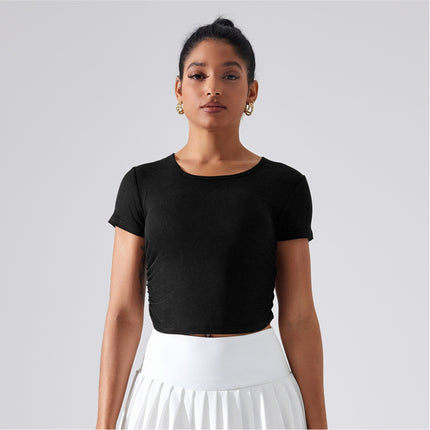 Pleated Waist Slimming T-shirt Women's Rib Stretch Naked Sports Top Summer Fitness Yoga Running Slim-fit Short-sleeve