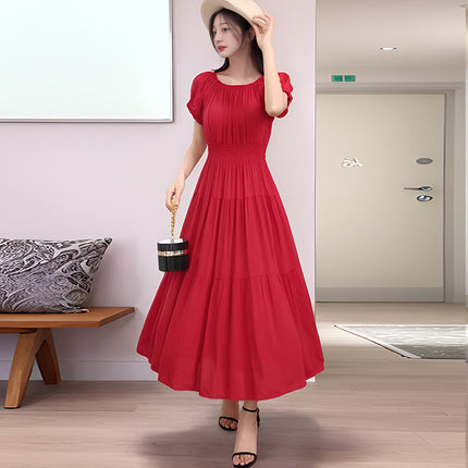 Cross-border cotton silk clear color off-shoulder dress Southeast Asian elastic waist beach skirt Bohemian long skirt