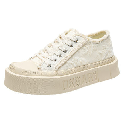 Korean Style Lace-Up Sneakers Trendy Versatile Raw Edge Breathable White Shoes 2025 Summer Casual Thick-Soled Heightening Canvas Shoes