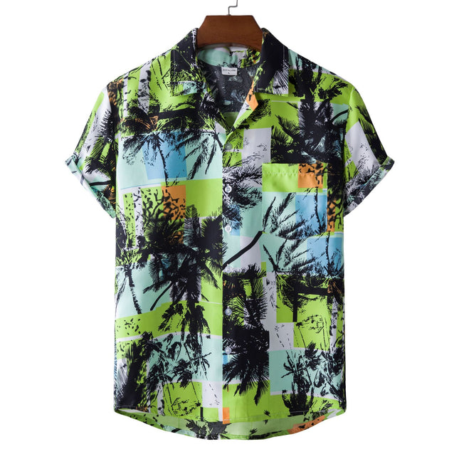 Fashion Men's Casual Printed Shirt Floral Pattern Lapel Short Sleeve Shirt Loosen Printed Shirt