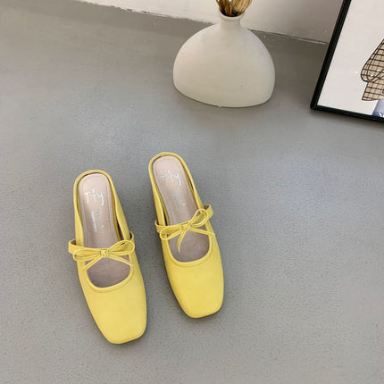 Simple Ballet Shoes with Square Toe and Bowknot, 2025 Summer New Style, Closed-Toe, Open-Back Women's Shoes with a Single Strap