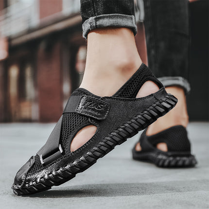 Cross-Border Hot-Selling Summer New Products Large Size Hand-Stitched Casual Breathable Mesh Genuine Leather Toe-Cap Sandals and River Shoes