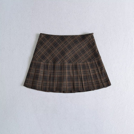 American Preppy Style Retro Plaid Brushed Pleated Skirt Slimming Look High Waist Short Skirt Female Sexy A-Line Skirt Autum
