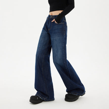 Raccoon Dark Blue Wide-Leg Jeans for Women Autumn and Winter 2025 New Straight-Leg Loose Draped Cat Pattern Tall Pants