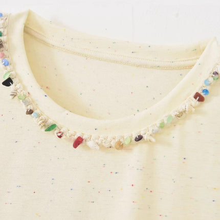 Summer New Style Solona Short-Sleeved Women's Top with Beaded Design, Fashionable and Stylish Casual Outerwear Commuting T-Shirt