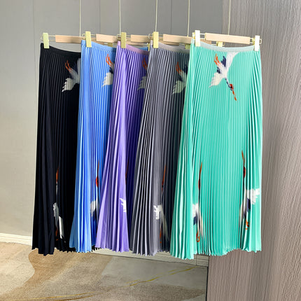 Fashionable casual pleated suit high-grade crane printed high waist skirt long sleeve top two-piece suit women's all-match